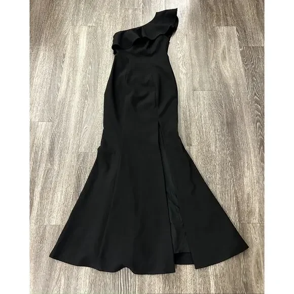 Likely Kane One Shoulder Ruffle Gown Black Formal Maxi Dress Size 2 Slit Elegant